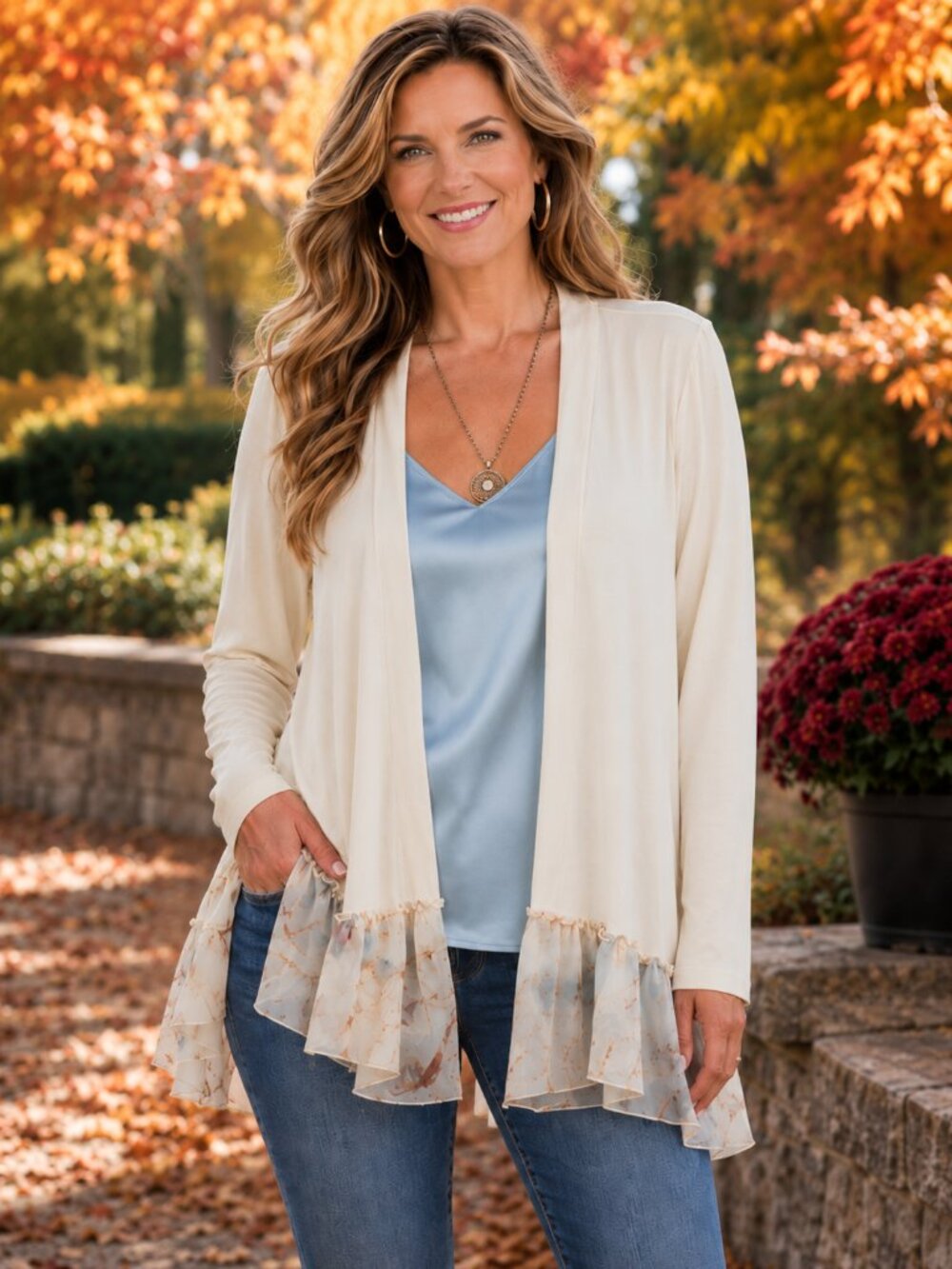 LOGO by Lori Goldstein Long Sleeve Open Front Cream Cardigan w/ Ruffle Hem L